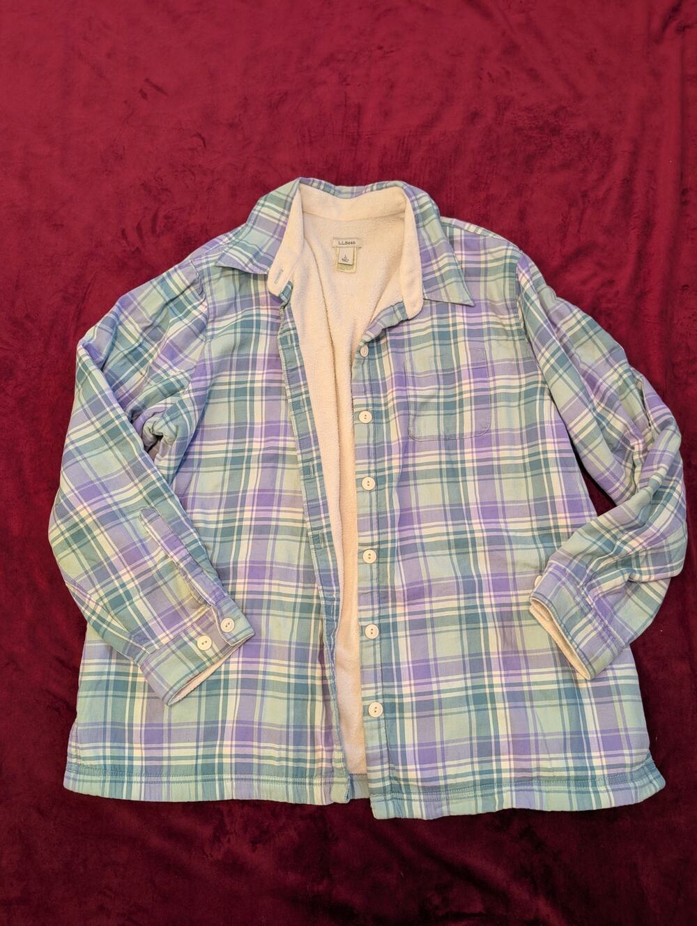 LL Bean Fleece Lined Flannel Shirt Jacket Plaid Shacket Purple Teal